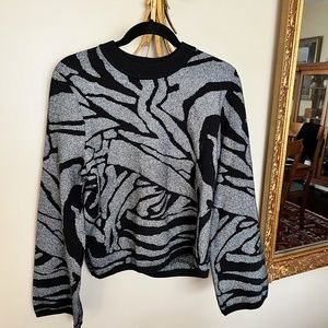 H&M Black & Silver Jacquard Knit Mock Neck Bell Sleeve Sweater Large